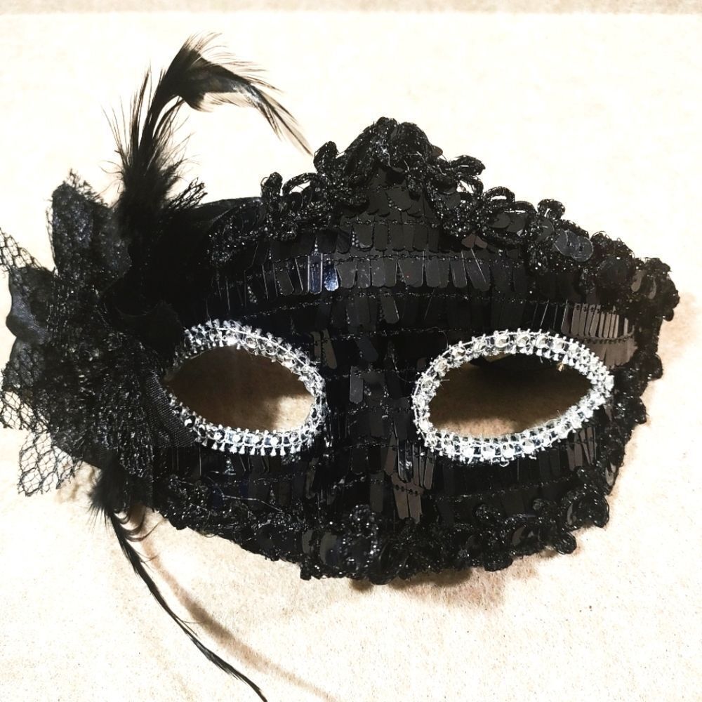 Venetian Masquerade Black Sequin Feather Mask  #9